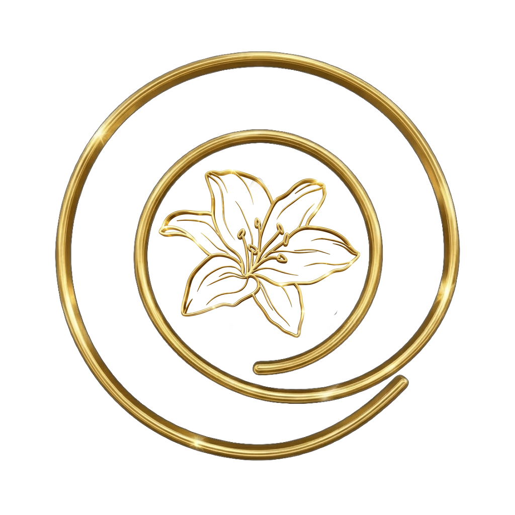 Goldenes Icon einer Lilie in einer Spirale – Symbol für die energetische Reinigung der Zellstruktur bei Monika Berghamer in Ried.