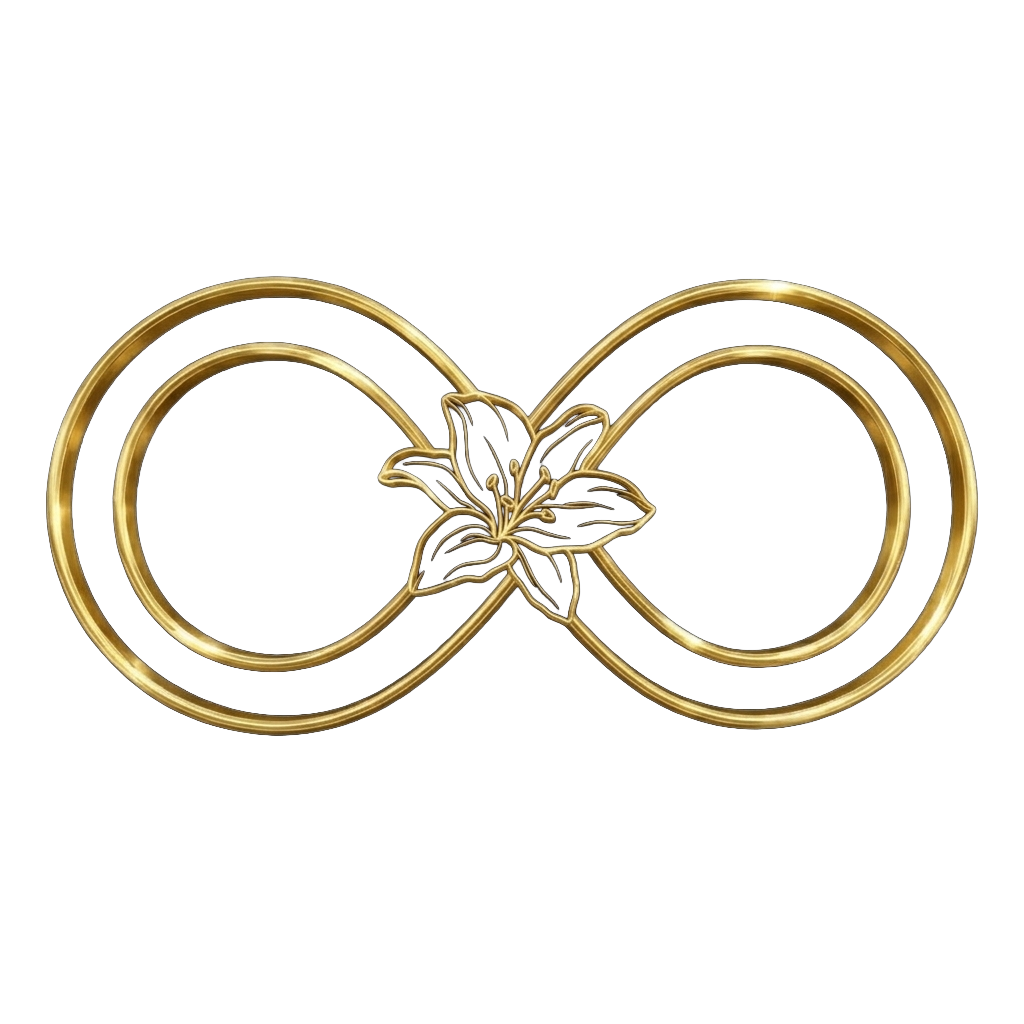 Goldenes Icon einer Lilie in der Lemniskate (Unendlichkeit) – Symbol für Fernheilung und zeitlose Energiearbeit in Ried im Innkreis.