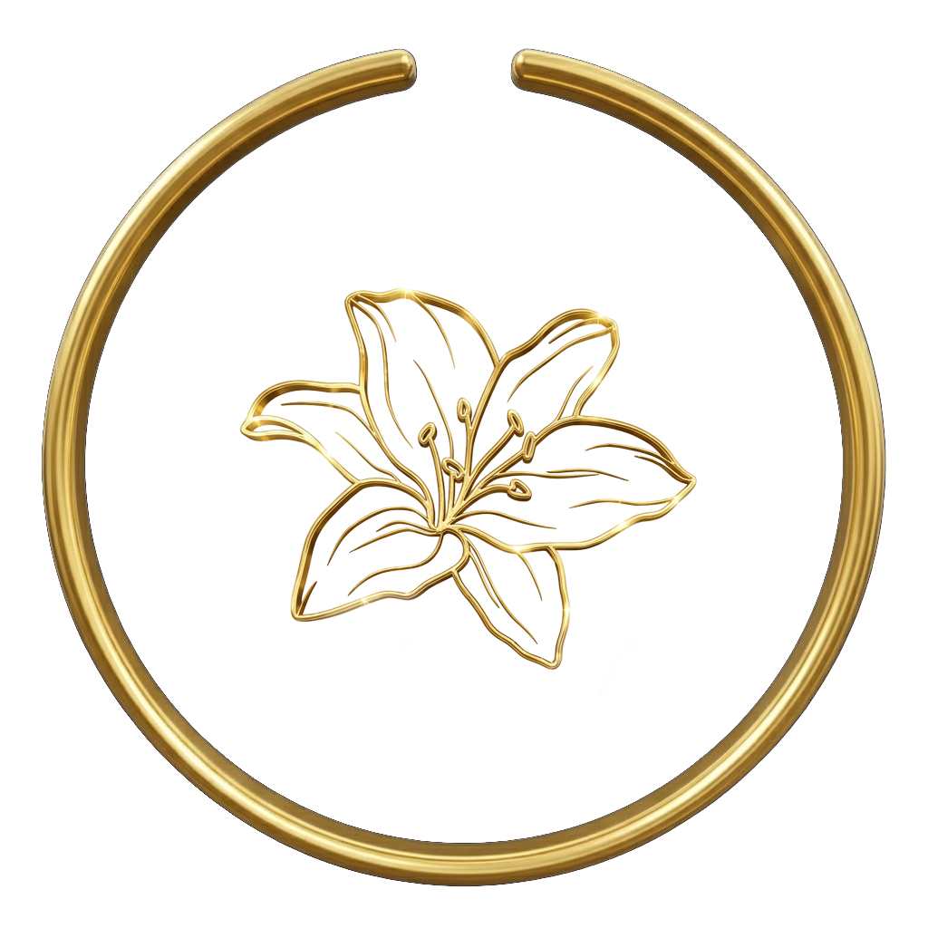 Goldenes Icon einer Lilie umschlossen von einem Kreis – Symbol für Auraheilung und energetischen Schutz bei Monika Berghamer.
