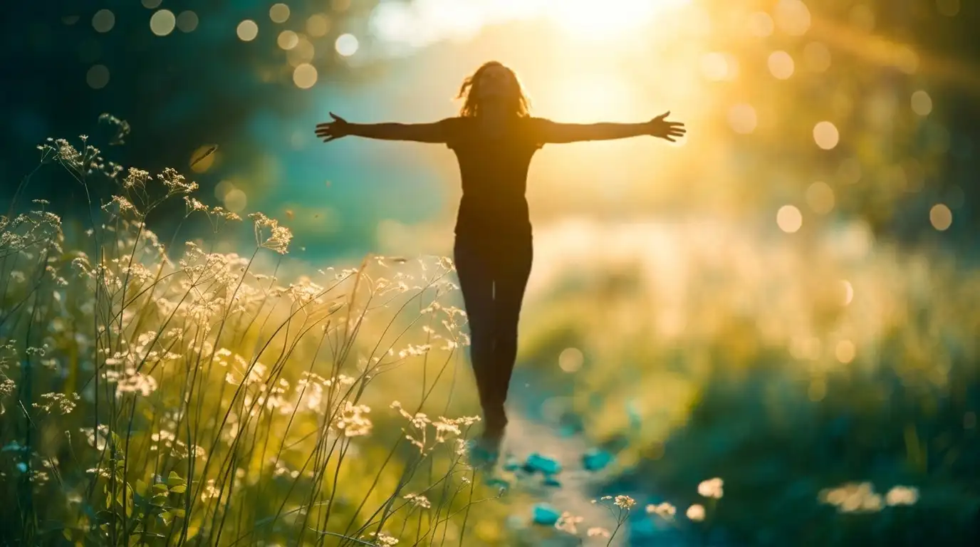 Eine Frau steht mit ausgebreiteten Armen im Sonnenlicht auf einer Wiese – Symbol für die Entfaltung der Urkraft durch energetische Heilbehandlungen bei SeelenLicht in Ried im Innkreis.