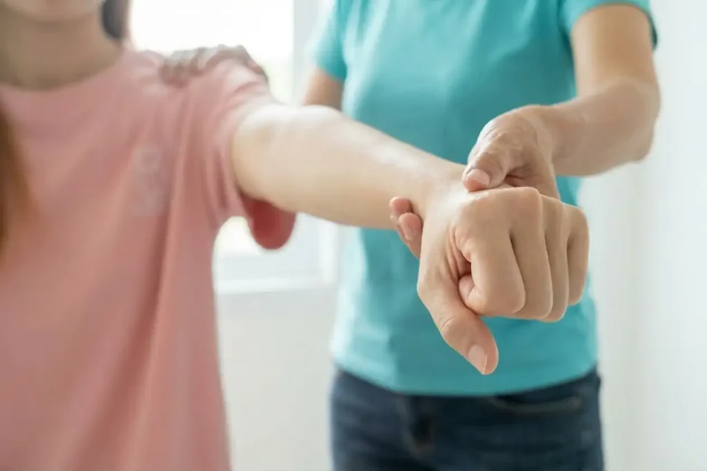 Anwendung des kinesiologischen Muskeltests zur Identifizierung energetischer Blockaden bei Monika Berghamer in Ried im Innkreis.