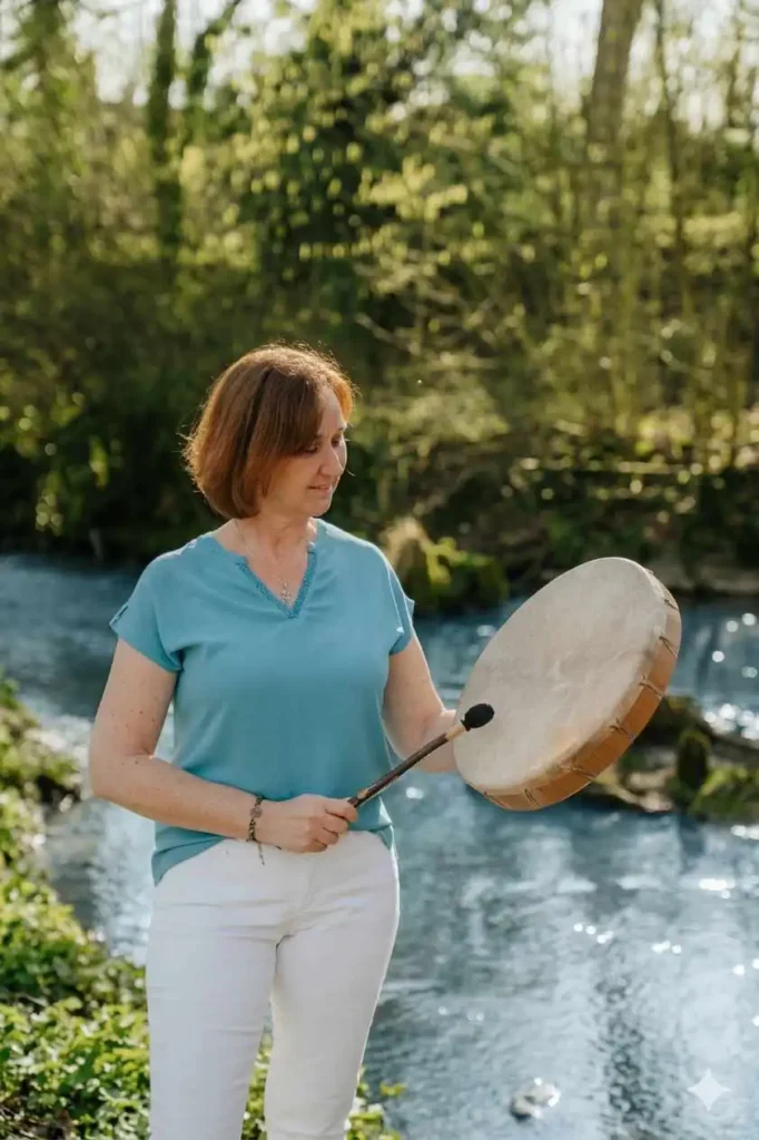 Monika Berghamer, Dipl. Energetikerin und Schamanin, lächelt in einer natürlichen Umgebung in Ried im Innkreis.